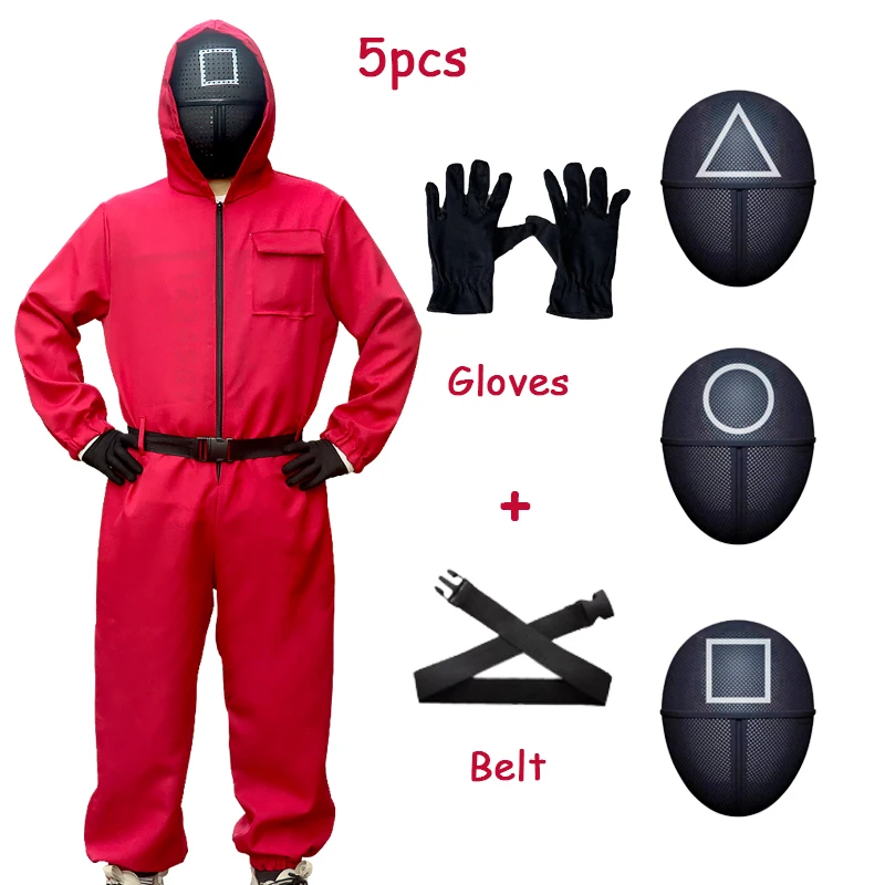 

5pcs Anime Squid Costume Game With Mask Belt Gloves Cosplay Deguisement Masquerade Christmas Party Clothing Props