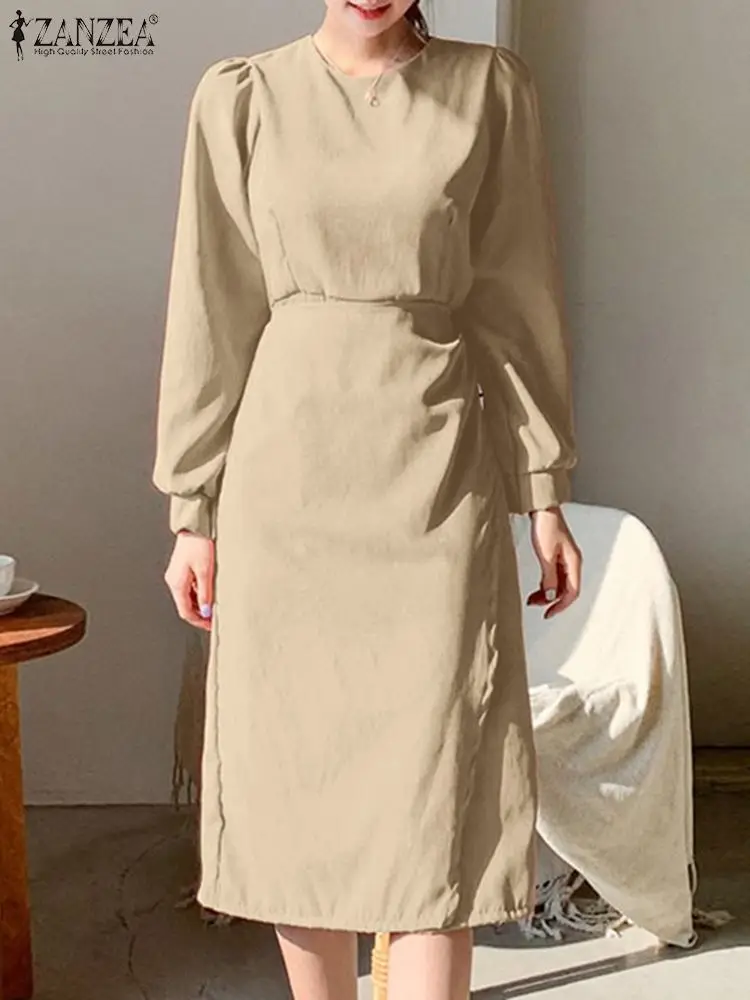 

ZANZEA Party Casual Long Dresses Long Sleeve Solid Vestidos Women Waisted Midi Dress 2022 Autumn Elegant Wrap Round Neck Robes