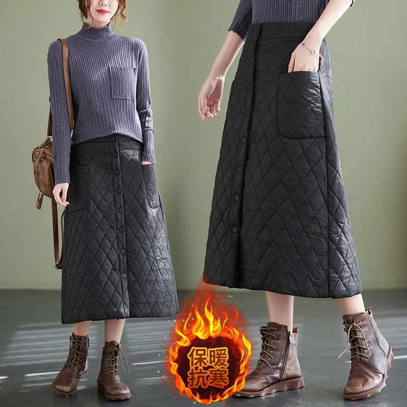 

Women's Winter Skirts Diamond Check Stitching Mid-Long Windproof Warm Cotton A-line Large Swing Jupe Lady Female Old Money Style