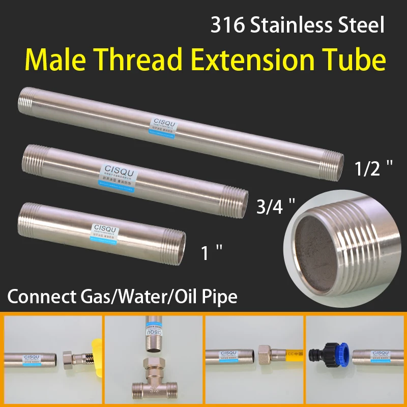 

100-500mm Male Thread Extension Tube 1/2"3/4"1"316 Stainless Steel Seamless Tube Pipe Fitting Connector Adapter Hose Accessories