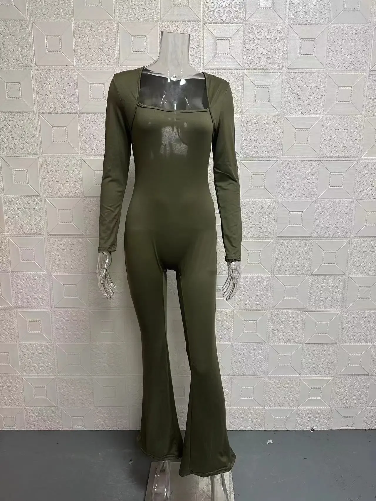 Foreign trade women's long sleeved waist cinching and lifting square collar wide leg high elastic jumpsuit