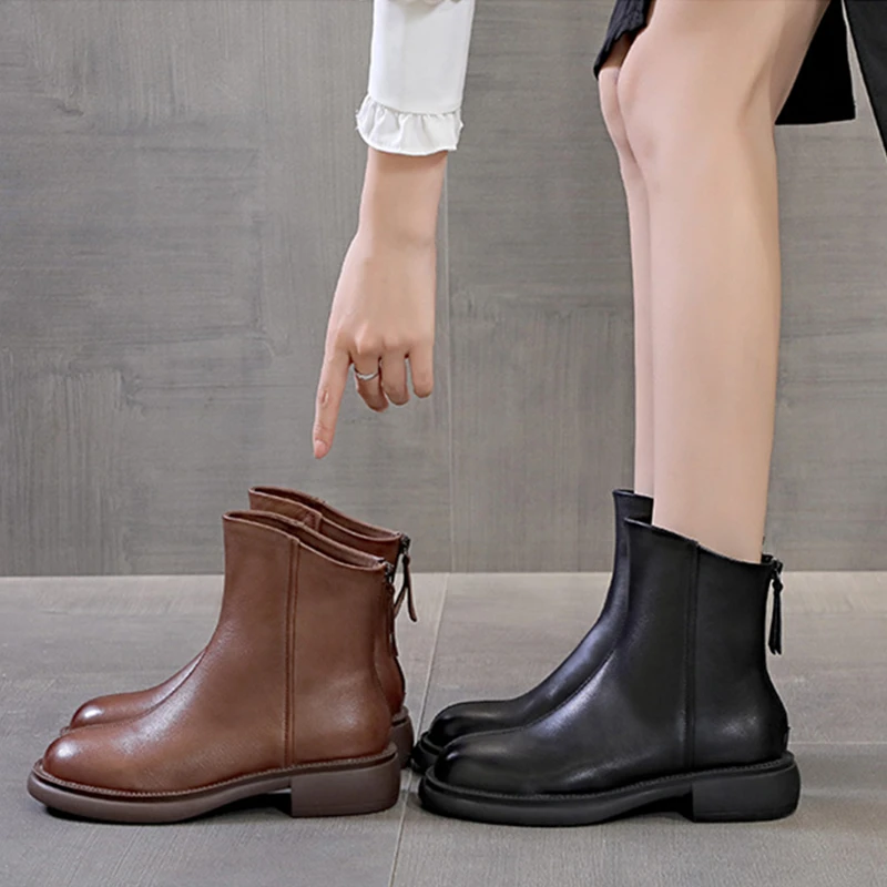 Brand Women Autumn Boots 2023 New Ankle Boots Woman Fashion British Retro Women Short Boots Rear Zipper Leather Boots Ladies