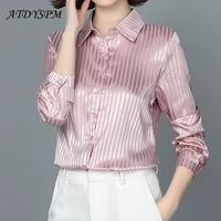 women vintage striped blouses shirts elegant silk satin tops women blusas mujer de moda 2022 simple fashion office blouse femme