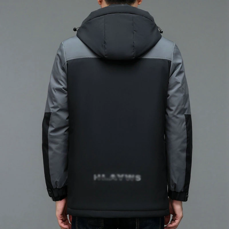 Men Basic Hooded Puffer Parkas Black Grey Colour Block Patchwork Design Thick Thermal Puff Overcoat Lining Detachable Warm Coat