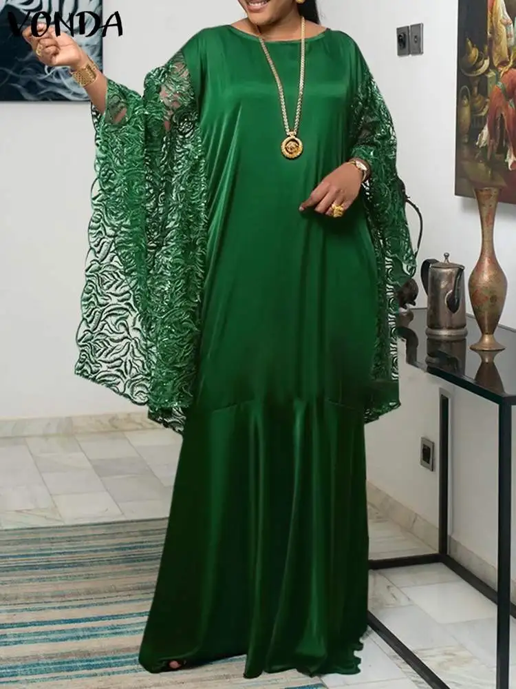 

Women Lace Ruffled Dress 3/4 Sleeve Dresses 2022 VONDA O Neck Pleated Beach Sundress Holiday Casual Party Robes Longue