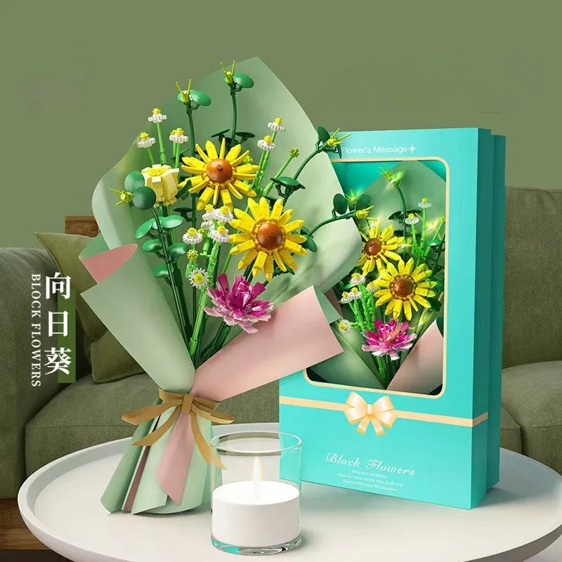 

Romantic Flower Bouquet Building Block Bricks Anime Figure Toys With Light And Greeting Card Gift For Girlfriend Simulation Rose