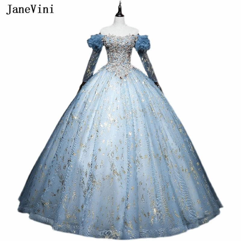 

Очаровательное светильник-Голубое Бальное Платье jaevini 2022, платья Quinceanera с открытыми плечами, бусинами, фатиновое платье, пышные платья принц...