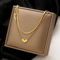 enxier gold color double layer heart pendent necklace for women snake chain choker neck elegant charm party jewelry