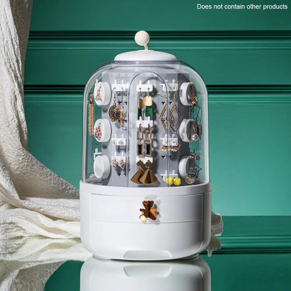 

White 360 Rotating Jewelry Organizer Cosmetic Storage Earring Organizer Transparent Desktop Box Necklace Women Makeup Displ Q0Y1