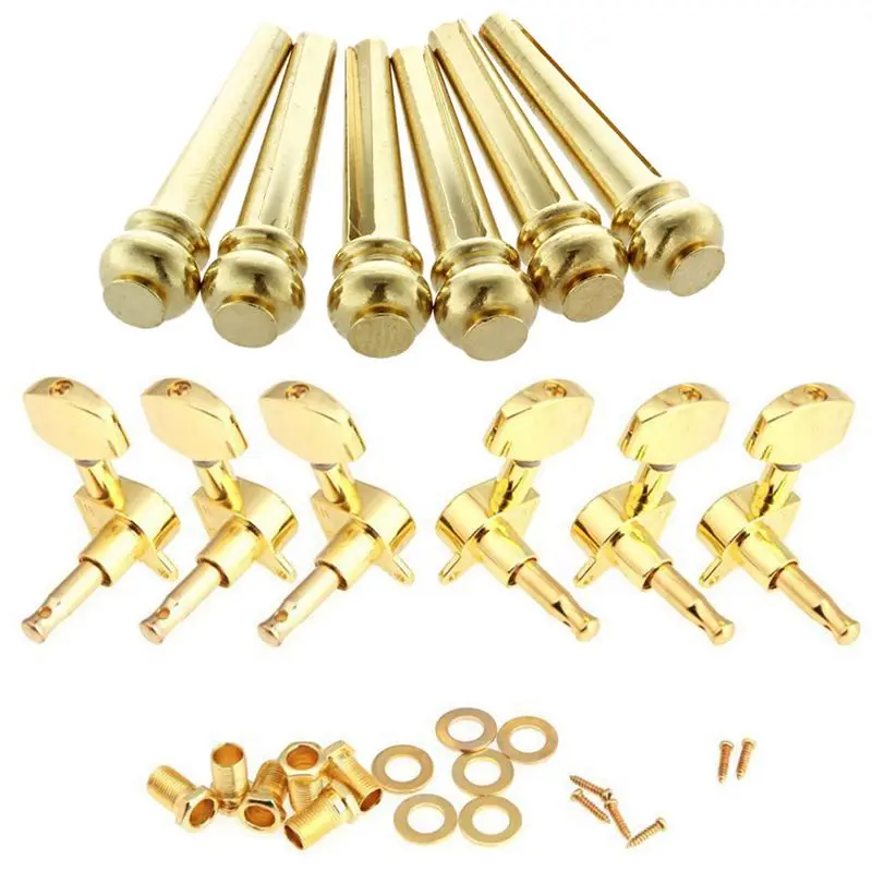 

6Pcs Acoustic Guitar Bridge Pins Brass & 1 Set Gold Sealed Guitar String Tuning Pegs Tuners Machine Heads 3L+3R