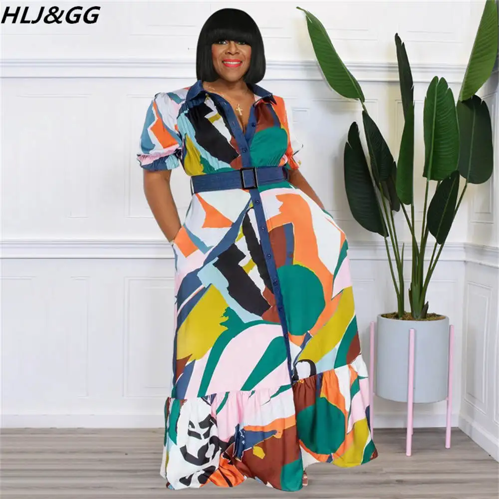 HLJ&GG Eleagnt Office Lady Dress Plus Size For Women Long Sleeve Button Belt Maxi Dress Fashion Print Streetwear Vestidos XL-5XL