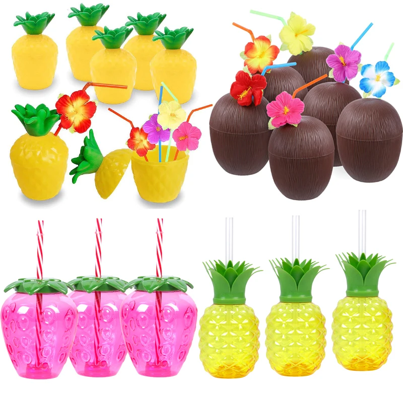 6/12pcs Hawaii Tropical Pineapple Strawberry Coconut Cup Luau Flamingo Party Birthday Wedding Decoration Summer Beach Party