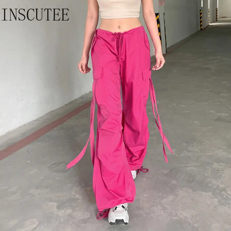 

INSCUTEE Harajuku Hotsweet Pink Cargo Pants Women Vintage Y2k Punk Low Waist Ribbon Straight Trousers Emo Alt Casual Loose Pants