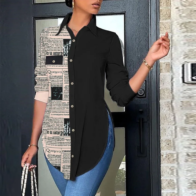 

Vintage Pattern Printed Patchwork Polo Collar Shirt Autumn New Fashion Single Breasted Office Lady Top Casual Long Sleeve Blouse