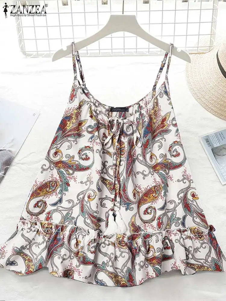 

Summer Beach Tanks Tops ZANZEA Women Vintage Bohemian Floral Printed Camis Straps Blouse Casual Ruffles Hem Shirt Party Chemise