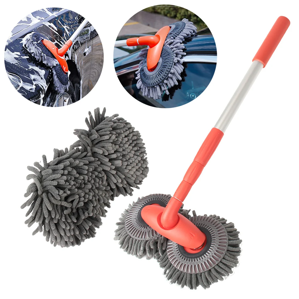 

Three-Section Telescopic Roof Window Cleaning Maintenance Rotating Car Wash Mop Double Brush Head Auto Accessories