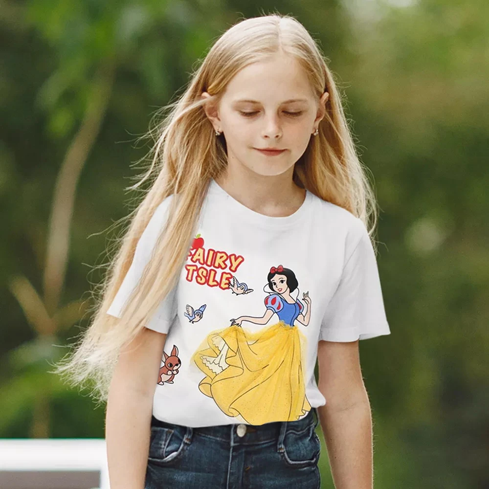 

Kid Girls T Shirt Short Sleeve Disney Clothes Frozen Princess Aisha Mermaid Belle Snow White Sweet Cotton Children T-Shirt Cute