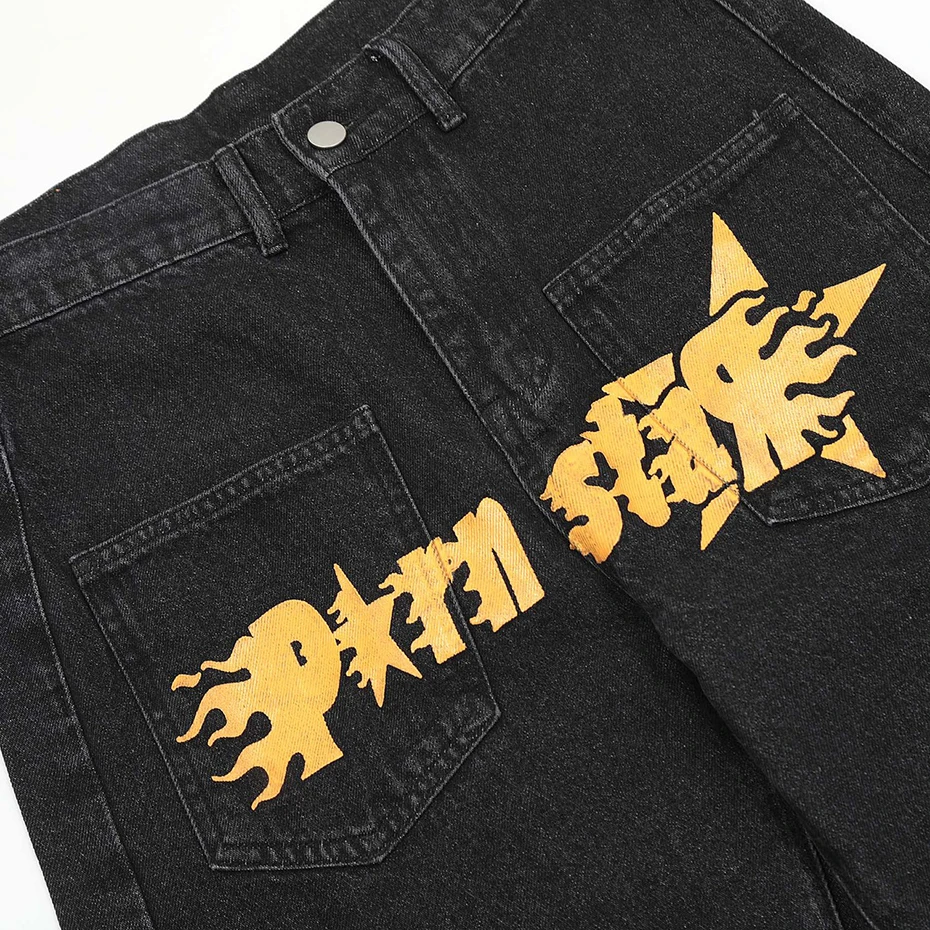 Streetwear Hip Hop Baggy Jeans Fire Letter Star Loose Straight Denim Pants Men Black Blue Harajuku Loose Jeans Trousers