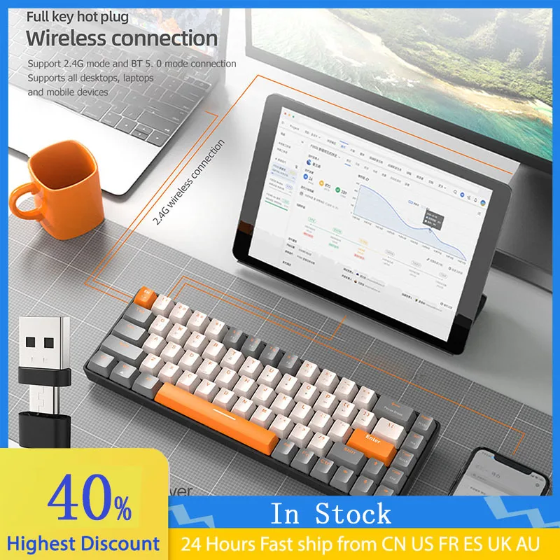 

Игровая механическая мини-клавиатура K68, совместимая с Bluetooth 5,0, Беспроводная игровая клавиатура с 68 клавишами, 2,4 ГГц, 68 клавиш, Горячая вилка для компьютера