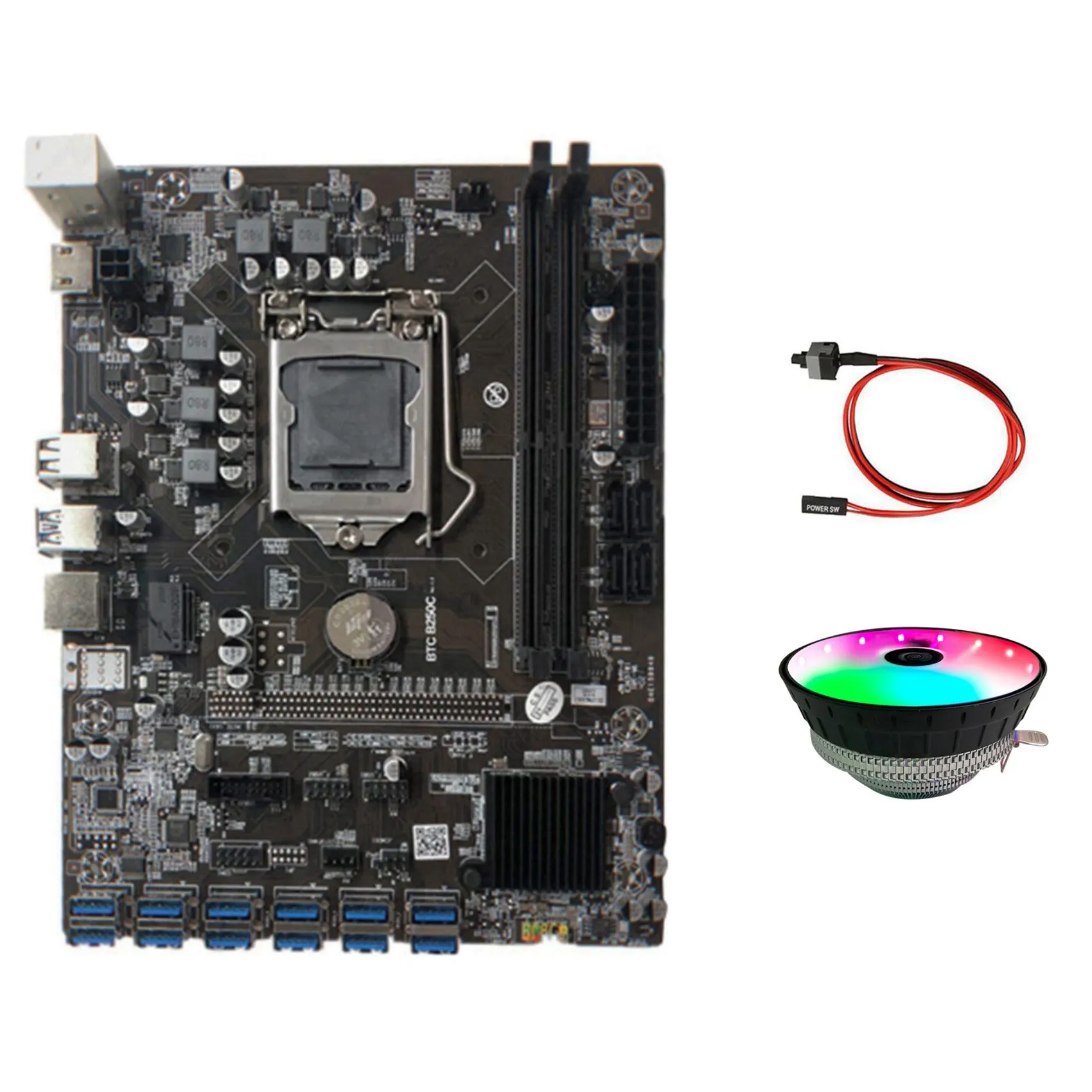 

Материнская плата для майнинга BTC B250C с RGB охлаждающим вентилятором + кабель переключения 12 PCIE на USB3.0, слот для графической карты LGA1151, поддерж...