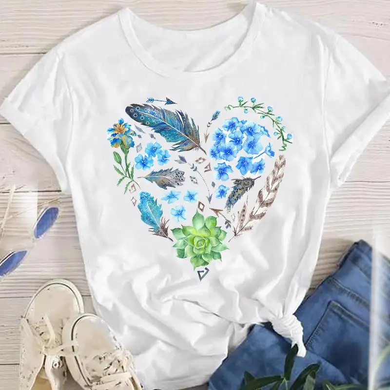 

Футболка женская летняя с коротким рукавом, модная Милая рубашка с цветочным принтом и сердечками, топ с графическим принтом, одежда для жен...