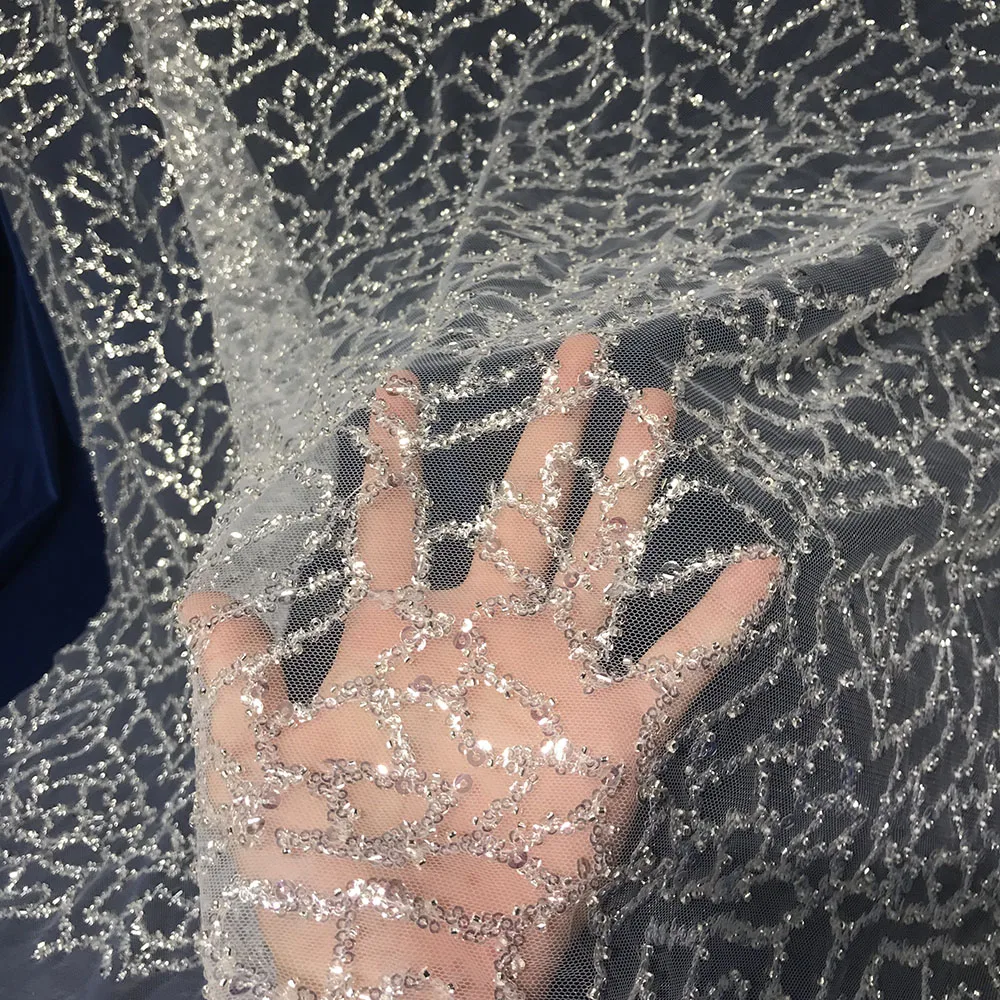 

Luxury Quality French Net Sequins Beaded Lace Fabric Transparent Tulle Mesh Polyester Textiles Wedding Gown Party Dress Material