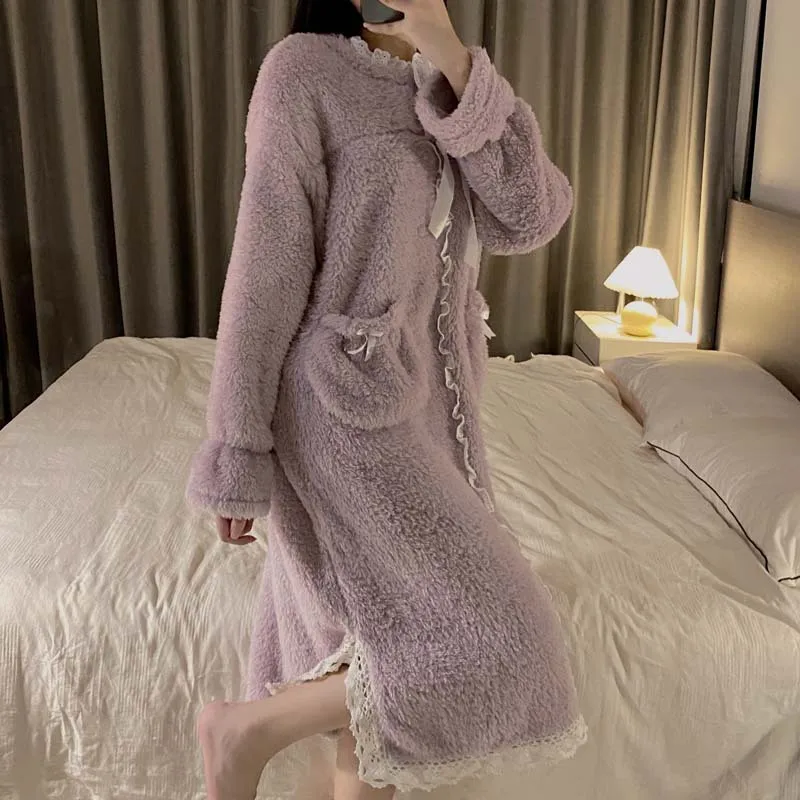 Fleece Long Sleeve Warm Autumn Long Dressing Gown Sleepdress Winter Thicken Nightdress Home Dress Nightgown Women Flannel Coral