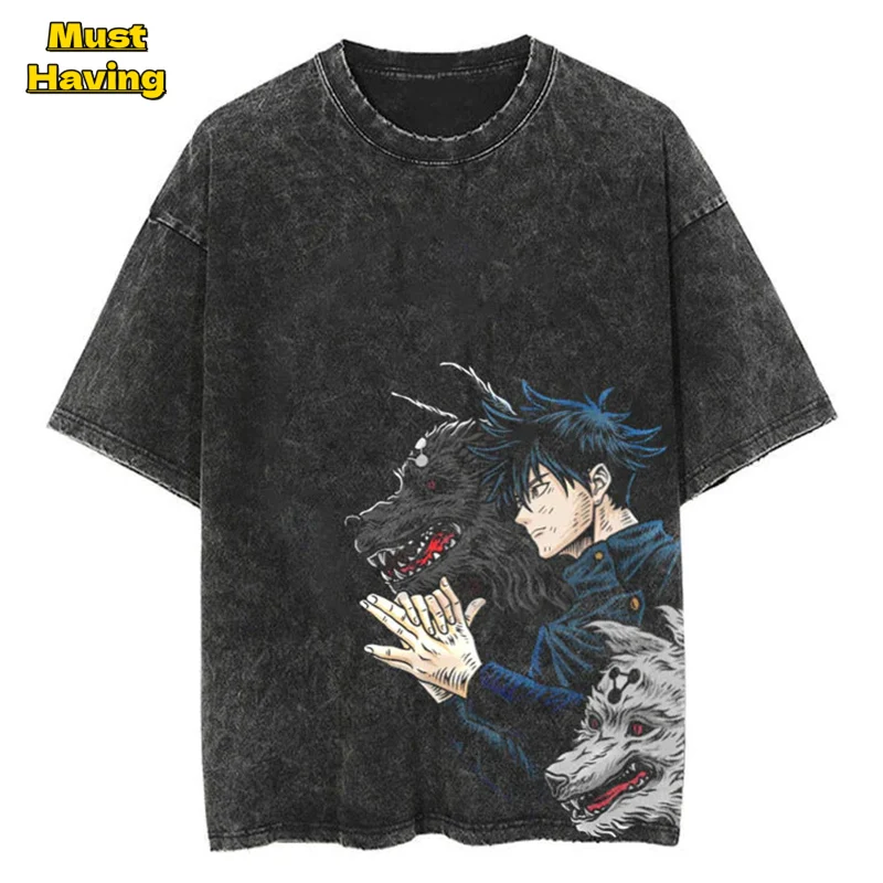 

Anime Fushiguro Megumi Graphic Tees for Men Vintage Washed Cotton T-shirt Tops Oversized Tshirt Harajuku Streetwear Outfits