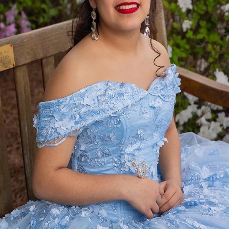 ANGELSBRIDEP Небесно-голубое платье принцессы Мексиканской Quinceanera с открытыми плечами