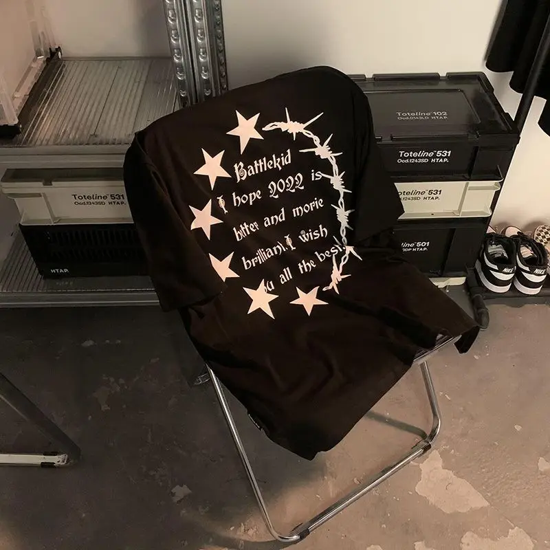 

Футболка из 100% хлопка с коротким рукавом в американском стиле темная готика с буквенным принтом Повседневная Двусторонняя Футболка для пар в стиле Хай-стрит и хип-хоп