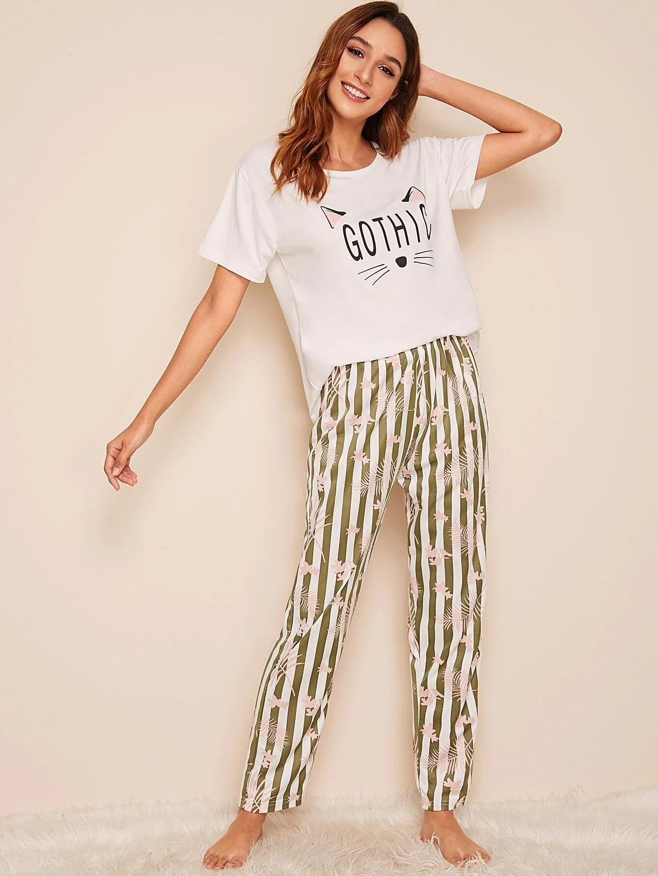 

Cat Print Top With Striped Pants PJ Set