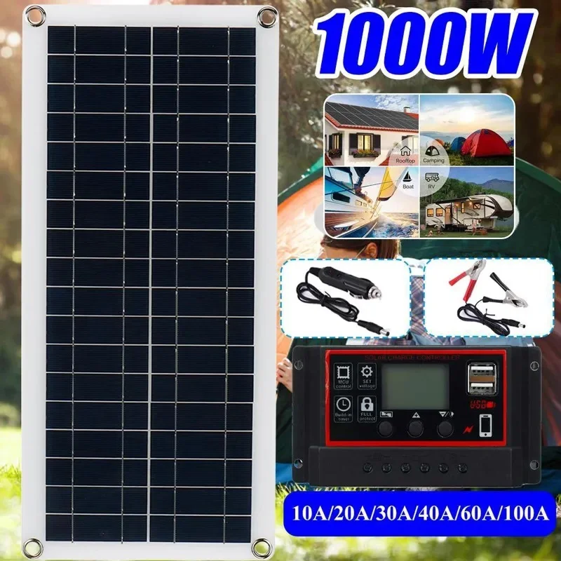 

1000W Solar Panel 12V Solar Cell 10A-100A Controller Solar Plate Kit For Phone RV Car Caravan Home Camping Outdoor Battery
