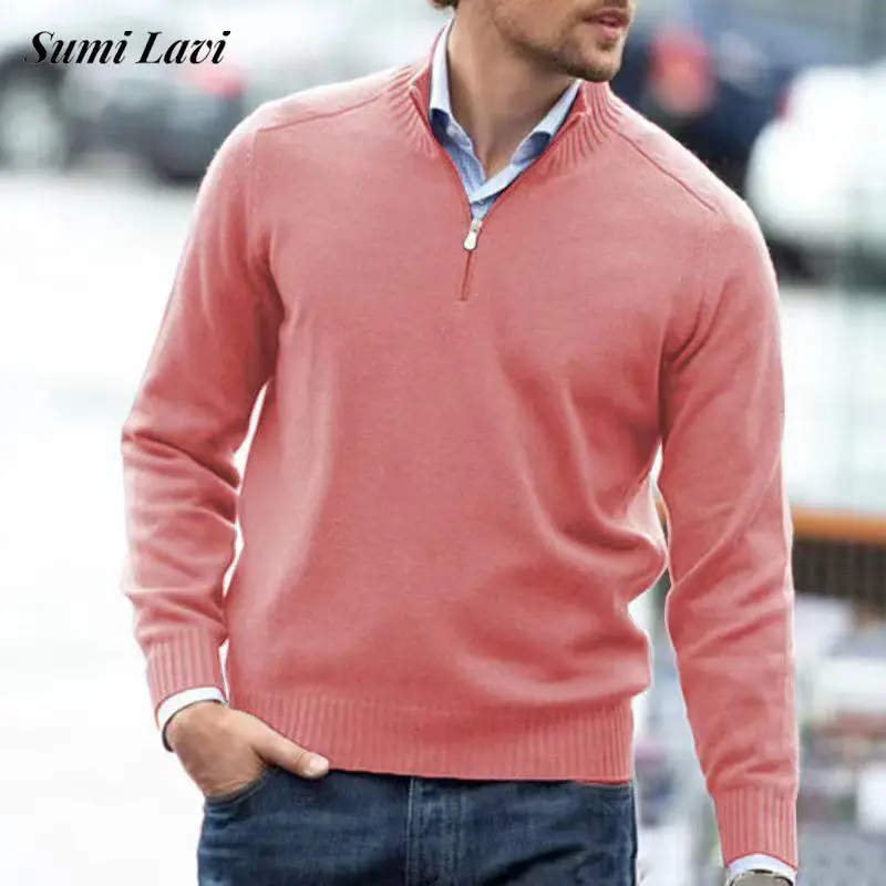 

Однотонный трикотажный джемпер в рубчик, топы, мужские осенние повседневные свитеры на молнии с длинным рукавом и воротником-стойкой, мужские модные облегающие трикотажные свитеры