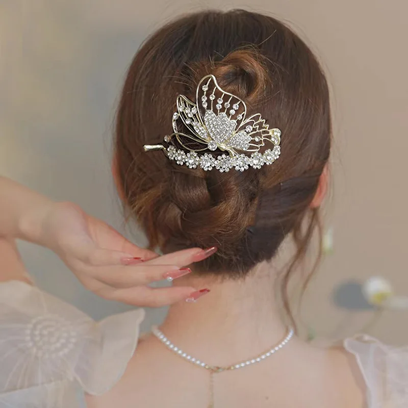 

New Vintage Women Hair Clips Elegant Rhinestone Butterfly Hairpin Twist Clip Luxury Ponytail Headdress Hair Accessories Gifts