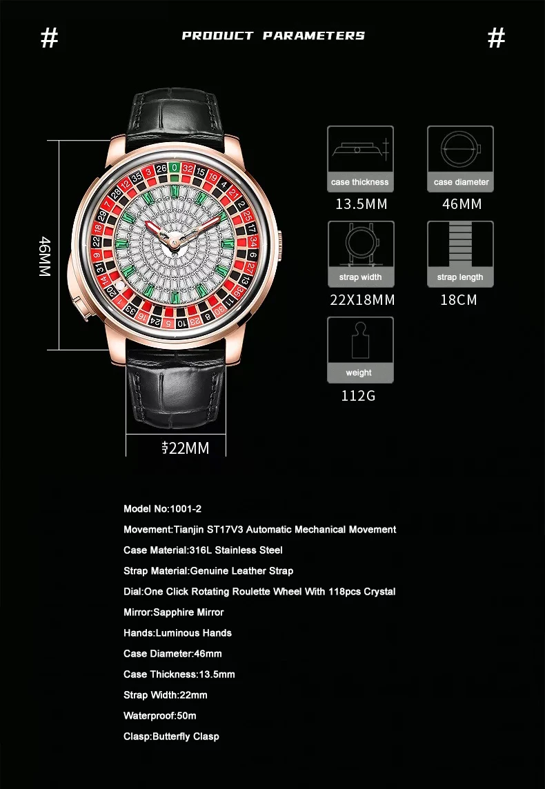 HANBORO Мужские автоматические часы 43 мм Механические наручные часы One Clicke Play Roulette Game 118 шт. Хрустальный циферблат Сапфировый светящийся (art.: 3920cdb79159d) - 3920cdb79159d