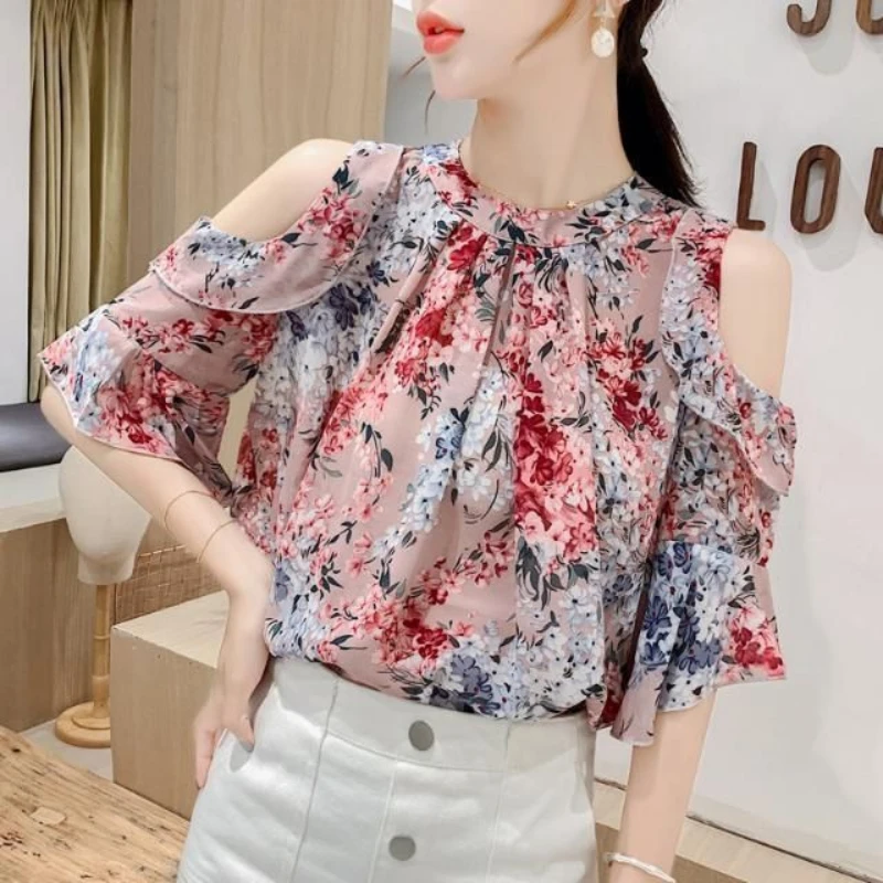 

Pink Floral Print Chiffon Shirt Spring Summer Fashion Blouse 2023 Long Sleeve Round Neck Elegant Korean Casual Shirt for Female