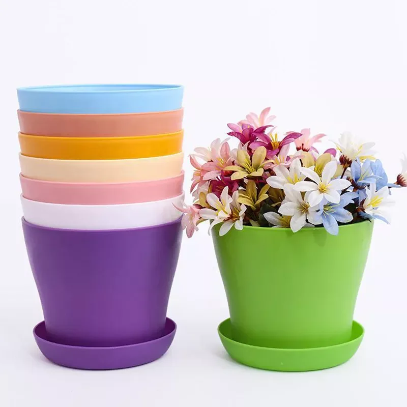 

Flower Pot Colorful Durable Resin Plant Flower Pot Gloss Planter Home Garden Decoration with a Saucer Tray Drainage Holes