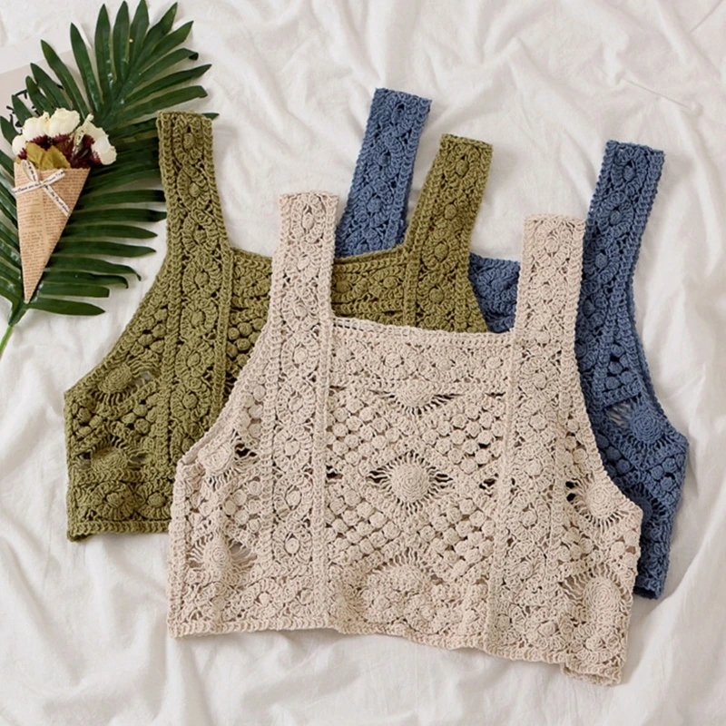 

Women Summer Sleeveless Crop Tank Top Hollow Out Crochet Knitted Geometric Floral Camisole Square Neck Loose Holiday Travel Vest