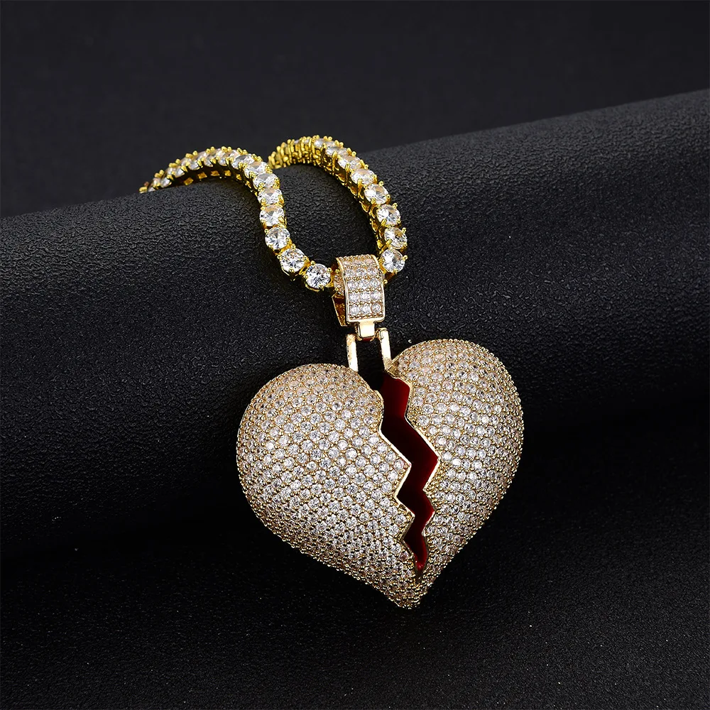 

Hip Hop Broken Heart Charm Pendant Necklace Fashion Personality Cubic Zircon Necklace Couples Men Women Jewelry Gift