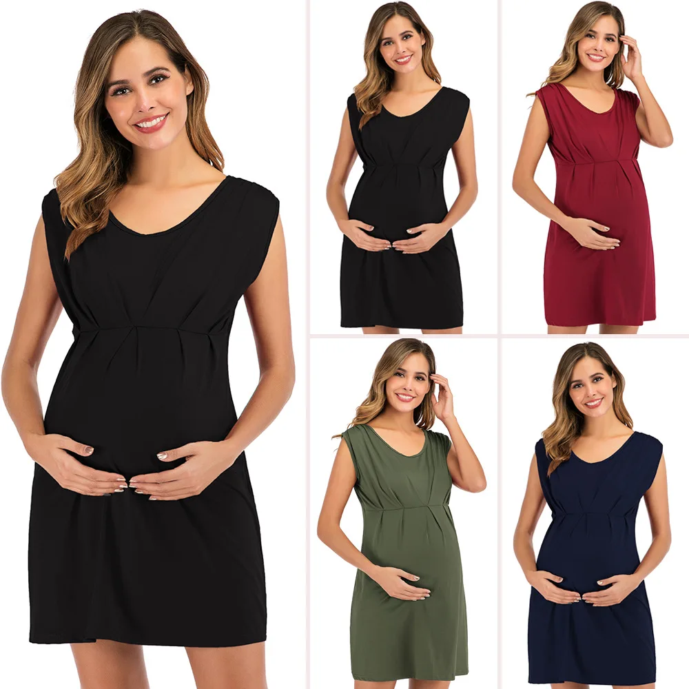 Women's Maternity Pregnancy Dresses Sleeveless V-neck Solid Color Dress Comfortable New Mom Clothes Comfortable Dresses