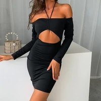 sexy solid black mini dress for women off shoulder cut out backless sexy party dress long sleeves bodycon vestidos 2022