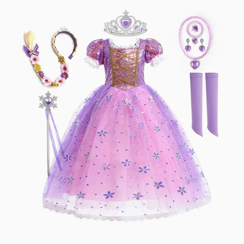 

Rapunzel Princess Cosplay Dress Girl Halloween Party Vestido Kids Birthday Christmas Dresses With Crown Wand Gloves Wig Set