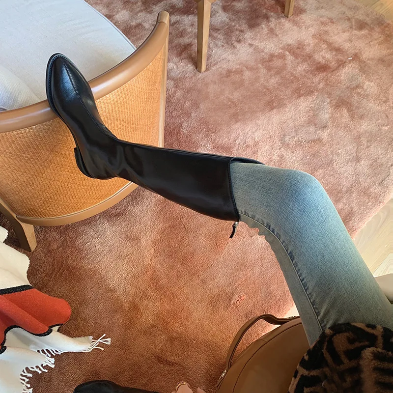 Pointed Toe Med Heels Knee High Boots Women Fashion Back Zipper Pu Leather Long Boots Woman 2022 Autumn Square Heel Botas Mujer