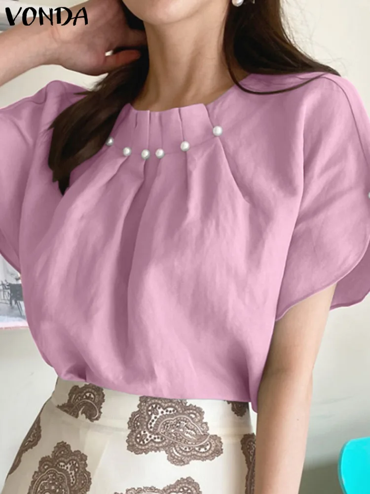 

VONDA 2023 Summer Women Elegant Blouses Pearl Pleated Tops Casual Solid Color Short Sleeve Office OL Chic Shirt Blusas Femininas