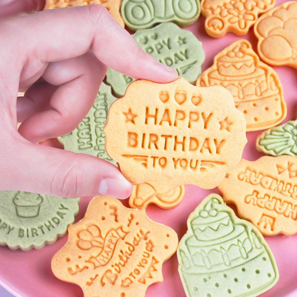 

8pc/set Cookie Cutters Birthday Shape 3D Plastic Biscuit Mold Cookie Stamp DIY Fondant Cake Mould Kitchen Baking Pastry Bakeware