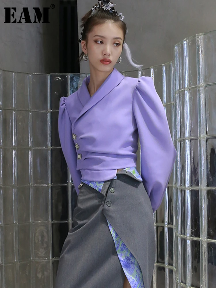 

[EAM] Women Purple Brief Irregular Knot Short Blazer New Lapel Long Sleeve Loose Fit Jacket Fashion Spring Autumn 2022 1DD0238