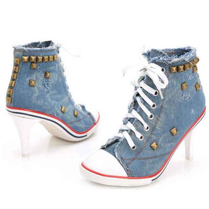 

Women Canvas Shoes Denim High Heels Rivets Shoes Casual fashion women's shoes Spring Sneakers Women's Pumps zapatos mujer