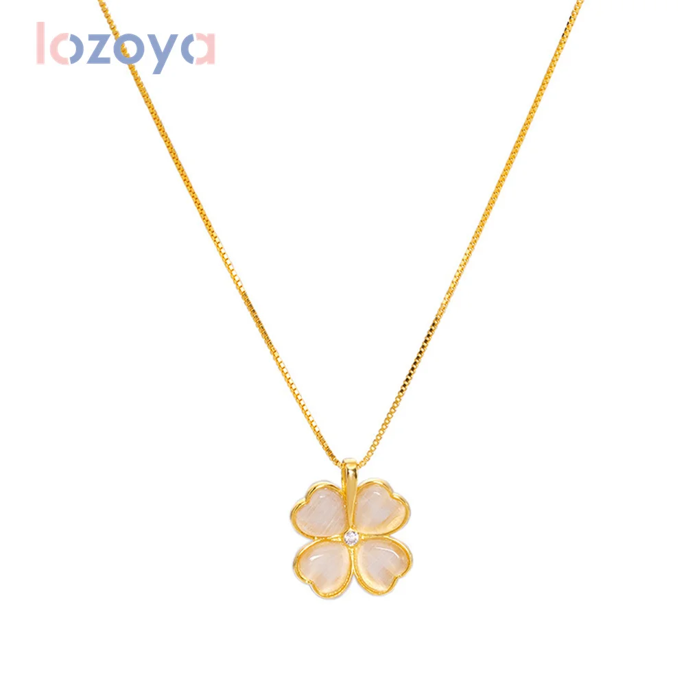 

Lozoya 925 Sterling Silver Necklace Opal Pendant Zircon Exquisite Four-Leaf Clover Simple Temperament Collarbone Chain Jewelry