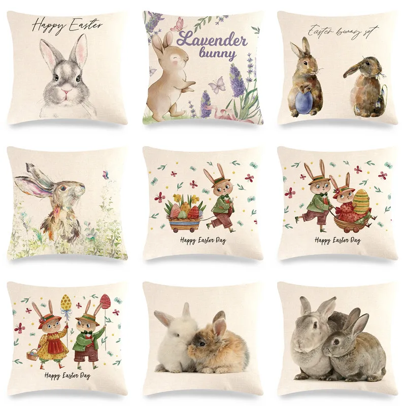 

45CM Happy Easter Egg Bunny Cushion Cover Linen Pillowcase for Living Room Decoration Pillow Case for Sofa Car Pillows Covers