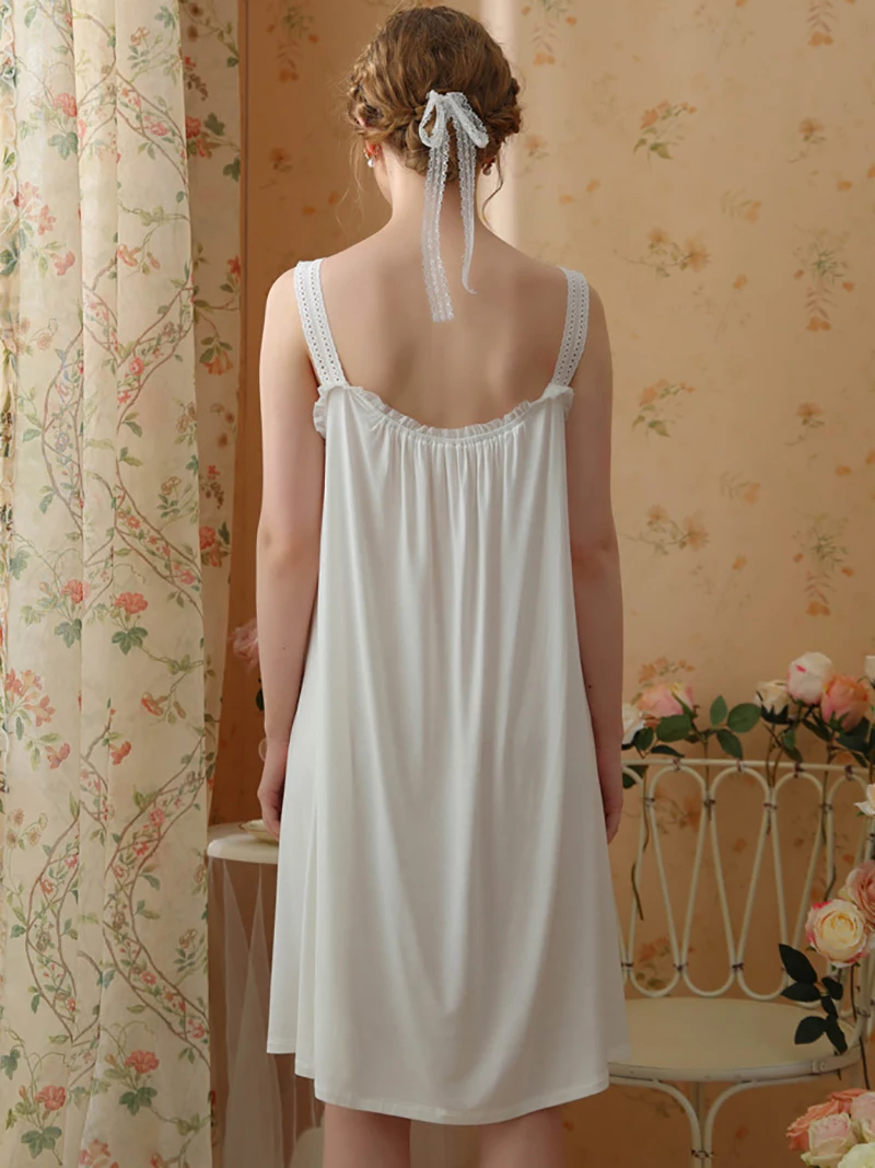 Women Summer Victorian Nightgowns Spaghetti Strap Backless Lace Fairy Nightdress Sweet Vintage Princess Modal Sexy Sleepwear